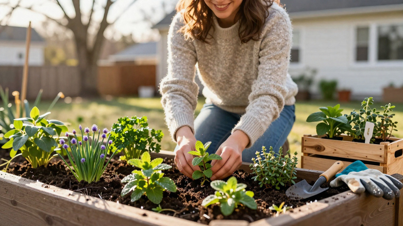 Frau pflanzt Kräuter in einem Hochbeet im Garten bei sonnigem Wetter, Gartengeräte daneben.