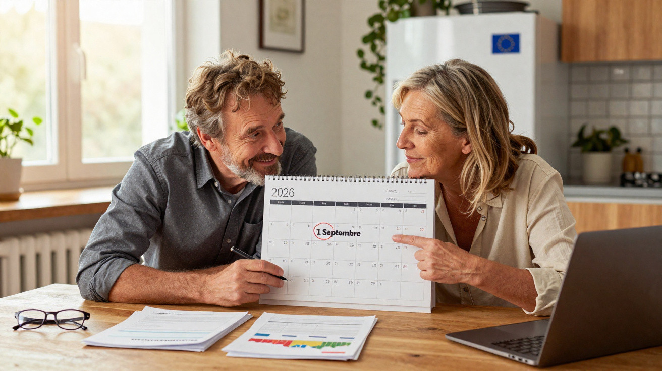 Ein Paar sitzt am Tisch und zeigt auf den 1. September 2026 im Kalender, Dokumente und Laptop liegen bereit.