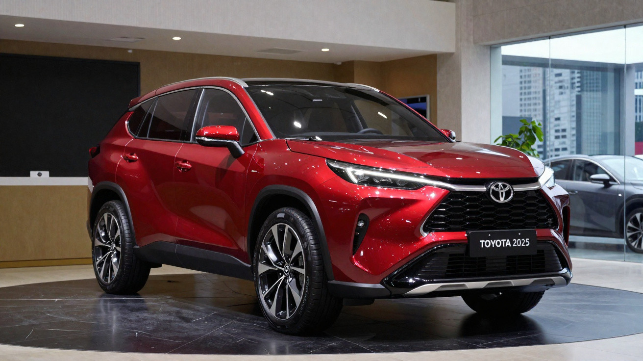 Roter Toyota SUV 2025 Modell in modernem Showroom mit grossen Fenstern und schwarzem Boden.