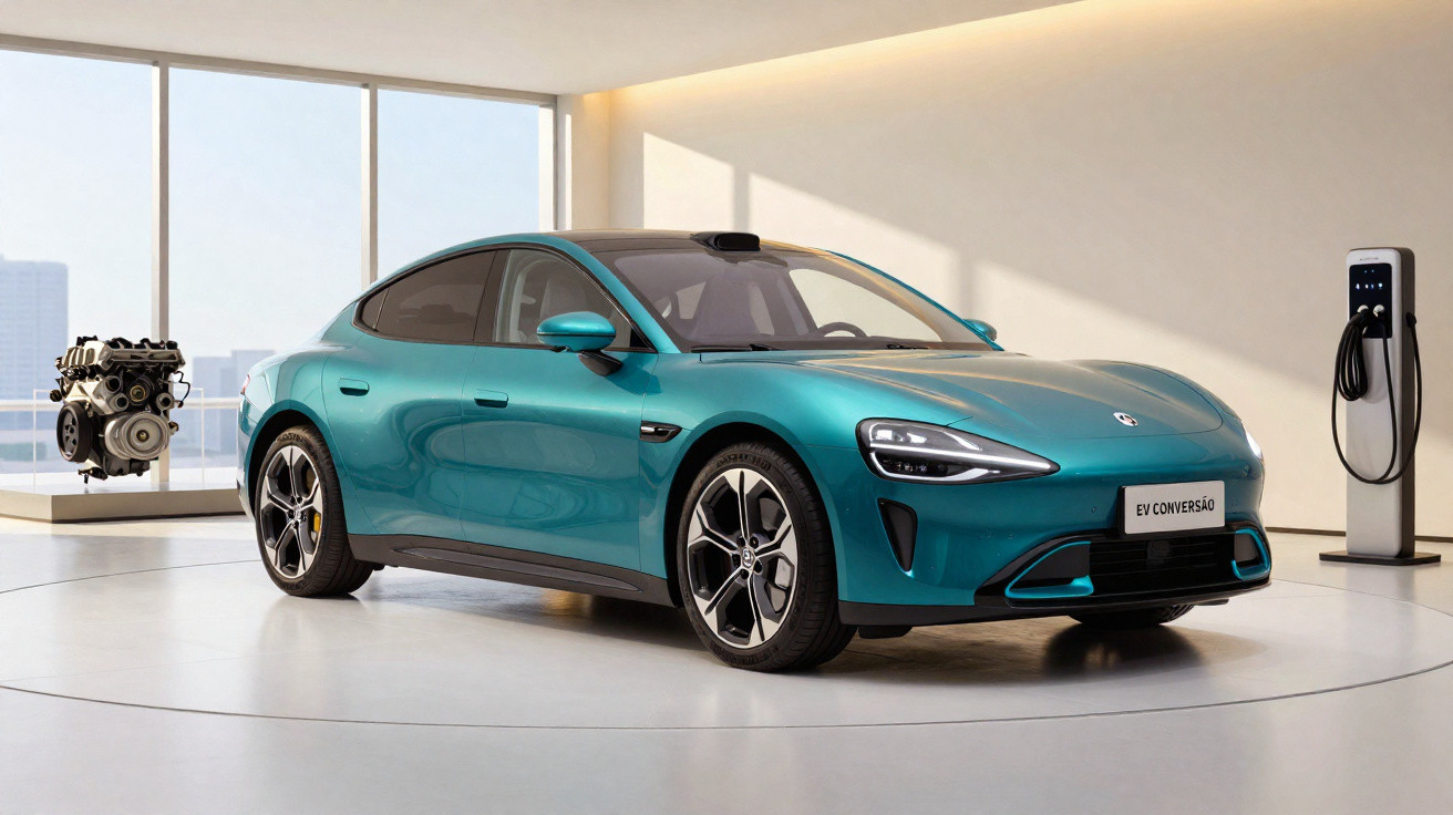 Blaues Elektroauto in modernem Showroom neben Ladestation und Verbrennungsmotor-Ausstellung.