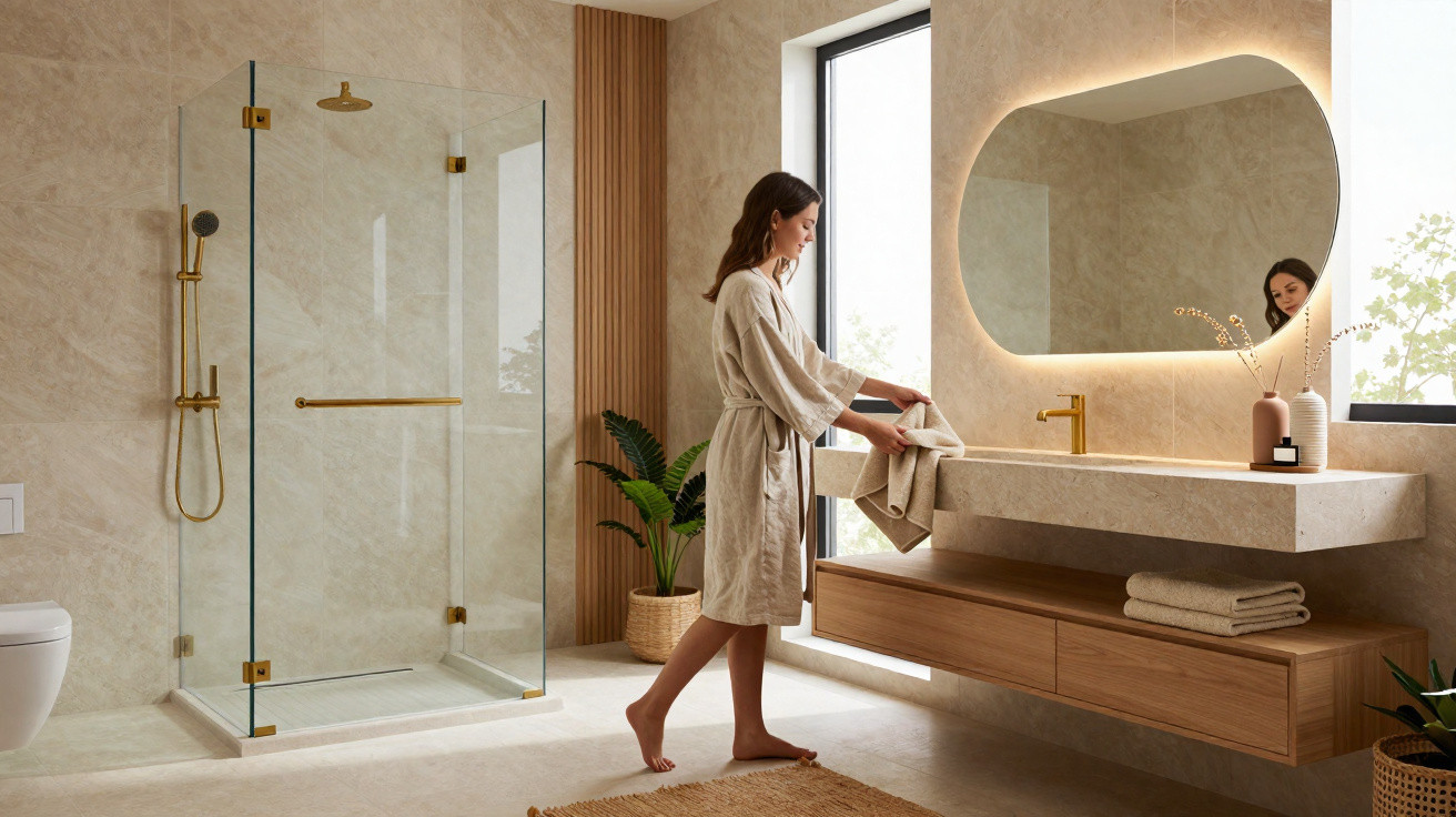 Frau im beigen Bademantel im modernen Bad mit Glasdusche, grossen Fenstern und beleuchtetem Spiegel.