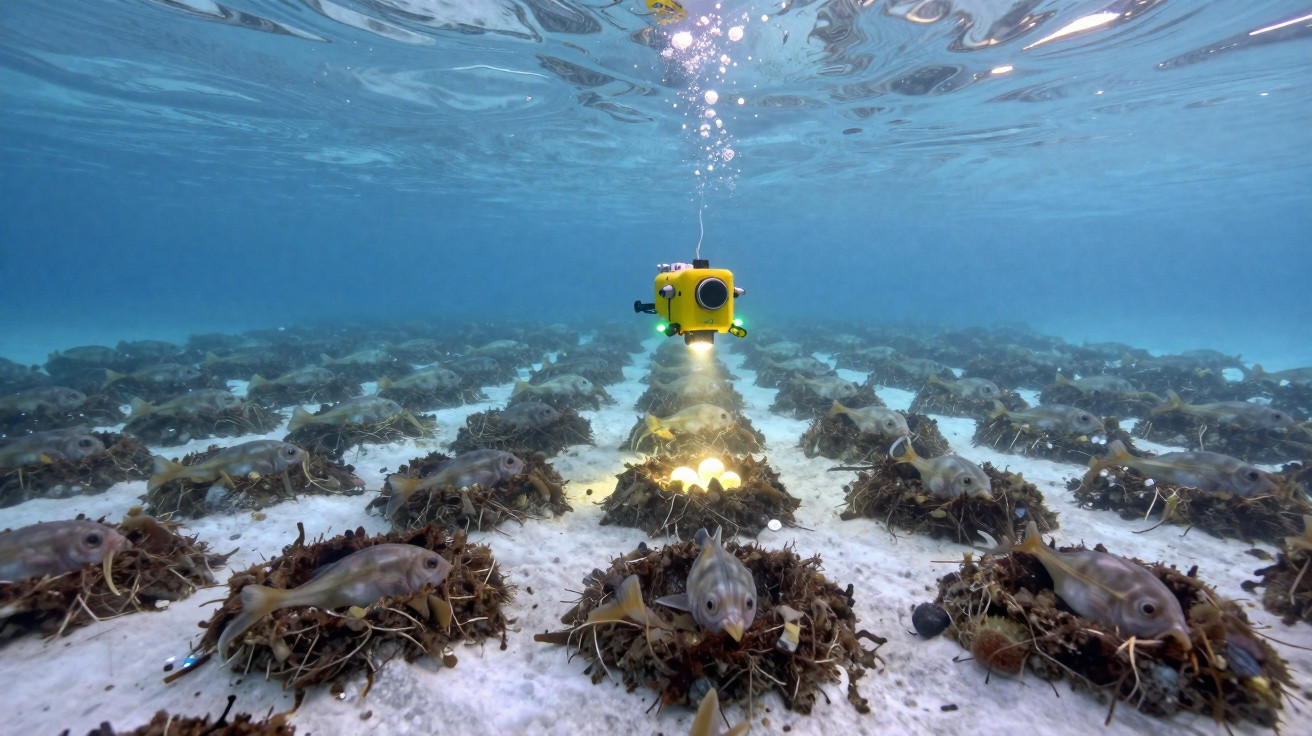 Unterwasseraufnahme einer Roboterkamera, die Fische und Kulturen auf Meeresboden bei klarem Wasser filmt.
