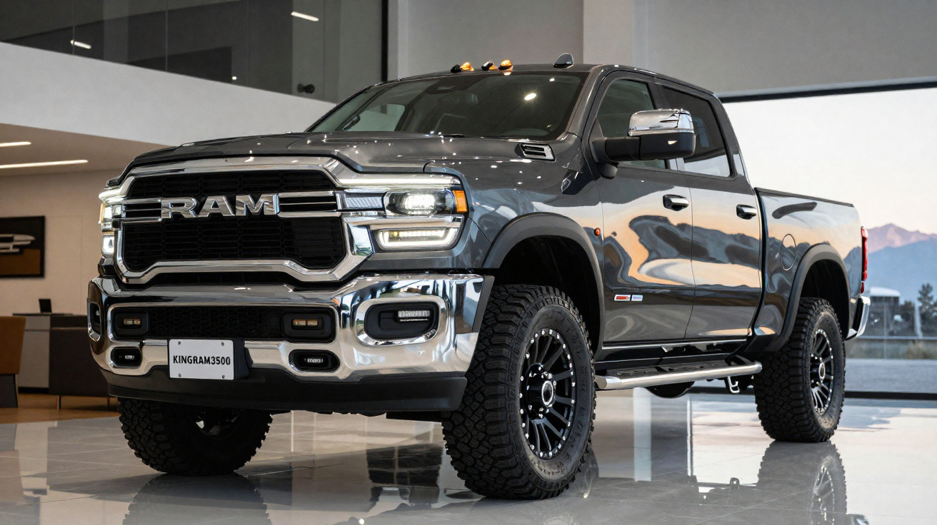 Grosser schwarzer RAM Kingram 3500 Pickup-Truck in moderner Ausstellungshalle mit reflektierendem Boden.