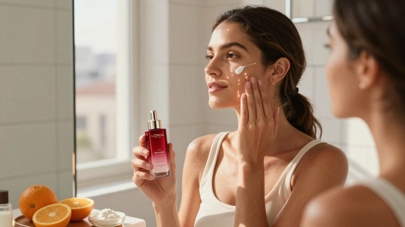 Frau trägt Gesichtsserum auf Wange auf, hält L’Oréal Flasche, steht vor Badezimmerspiegel mit Orangen im Hintergrund.