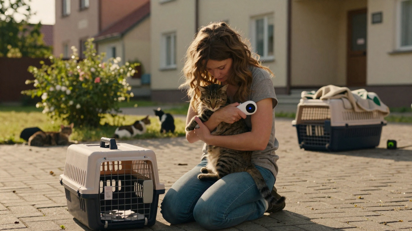 Frau kniet draussen und untersucht mit Gerät eine getigerte Katze, Transportboxen und weitere Katzen im Hintergrund.