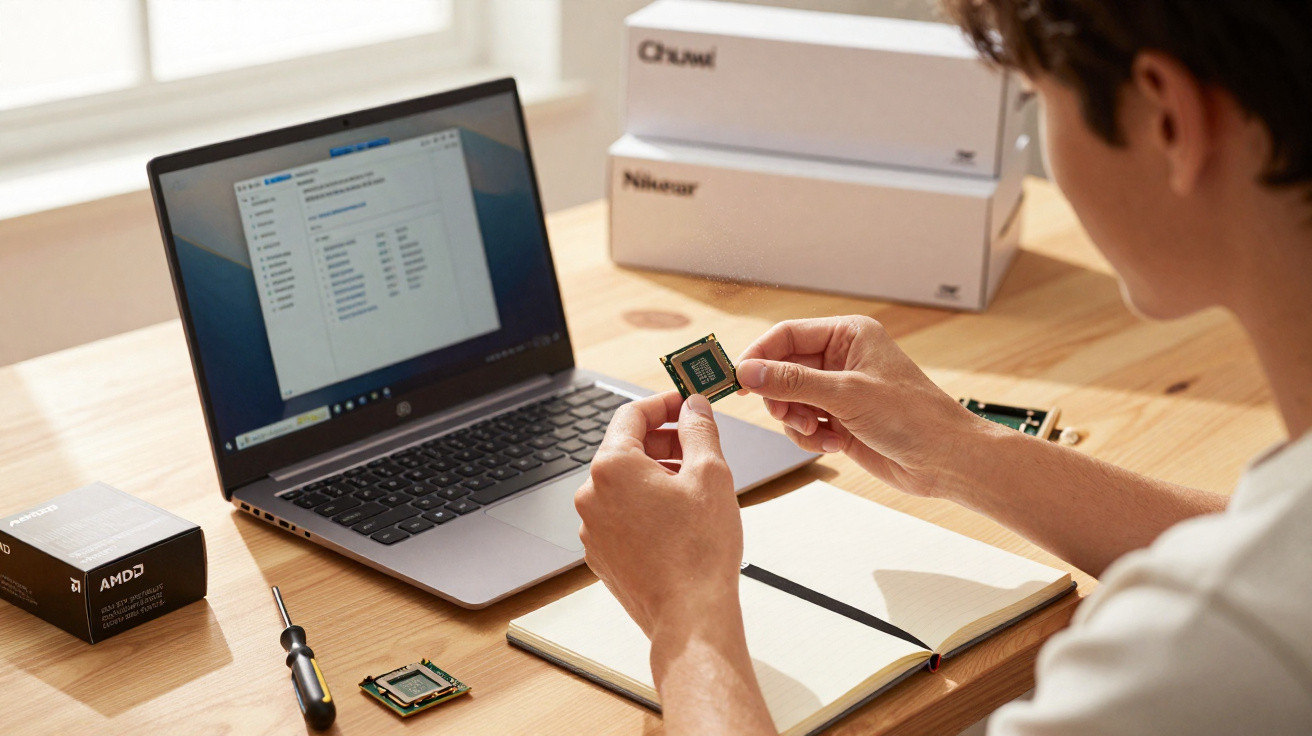 Person hält eine Computer-CPU vor offenem Laptop auf Schreibtisch mit Schraubenzieher und Notizbuch