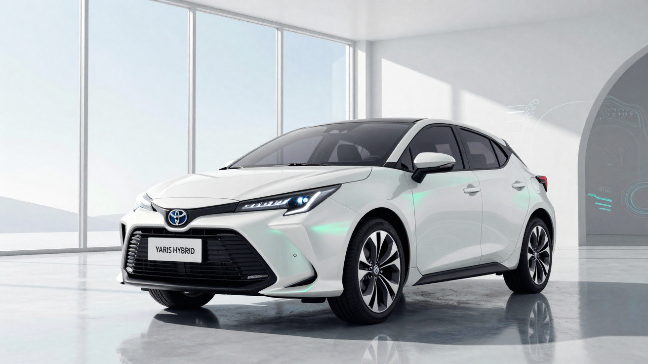 Weisser Toyota Yaris Hybrid Fünftürer in modernem, hellem Showroom mit grossen Fenstern.