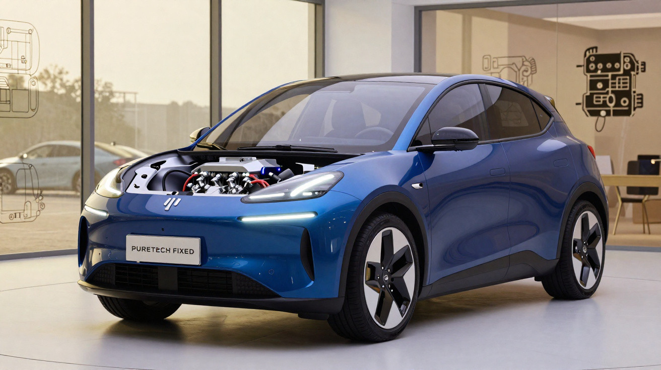 Blaues Elektroauto mit geöffneter Haube, modernes Design, in hellem Ausstellungsraum neben technischen Zeichnungen.