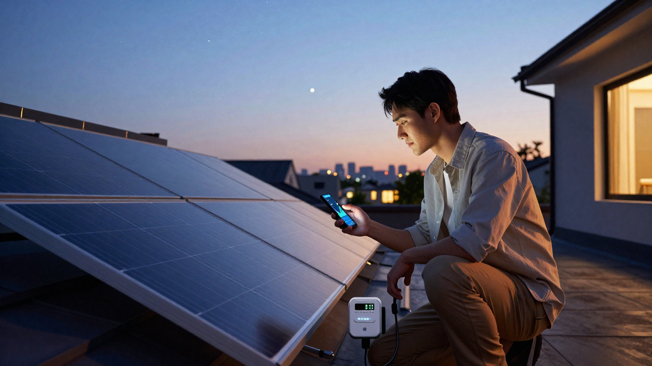 Mann prüft mit Smartphone Solarpanel auf Dach bei Sonnenuntergang, Haus im Hintergrund beleuchtet.