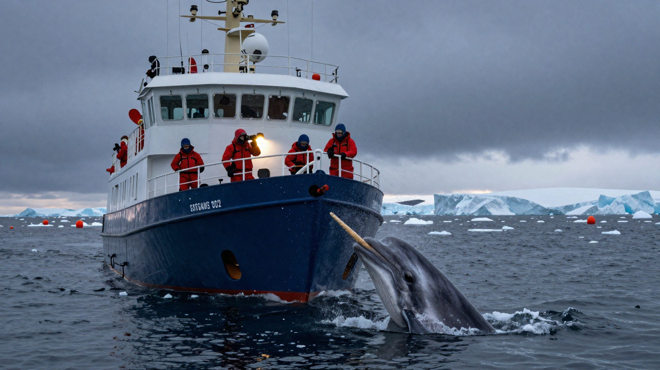 Forschungsschiff mit Personen beobachtet verspielten Delfin in eisiger Polarumgebung bei bewölktem Himmel.
