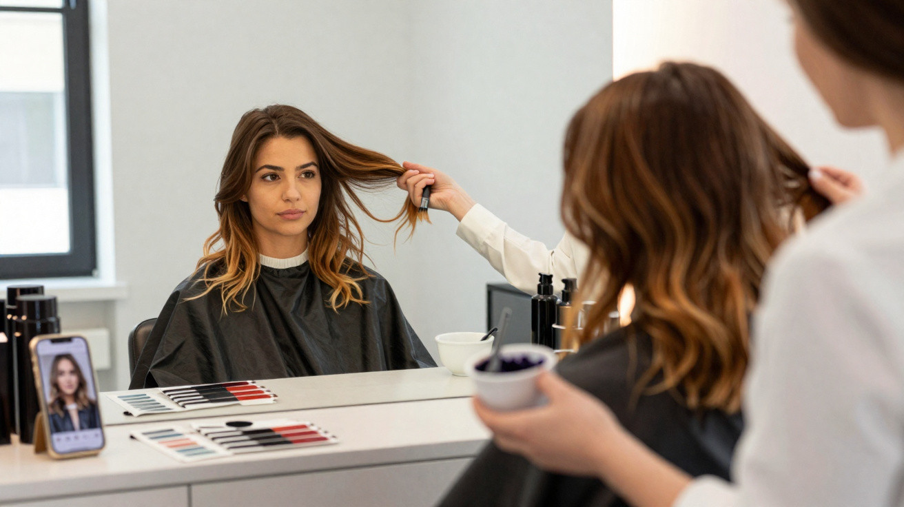 Frau sitzt beim Friseur, schaut in den Spiegel, Friseurin hält Haare zum Färben bereit.