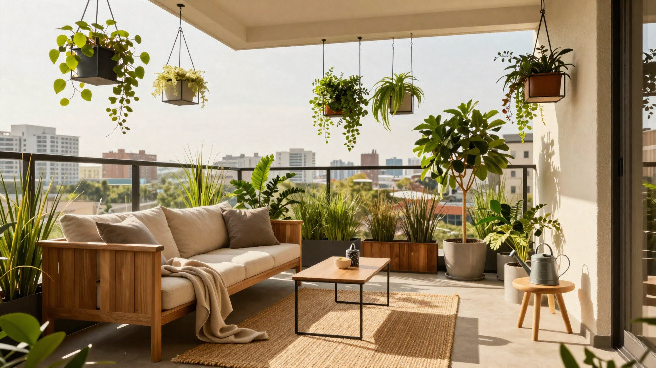 Gemütlicher Balkon mit Holzsofa, Kaffeetisch, Teppich und vielen hängenden und stehenden Zimmerpflanzen.