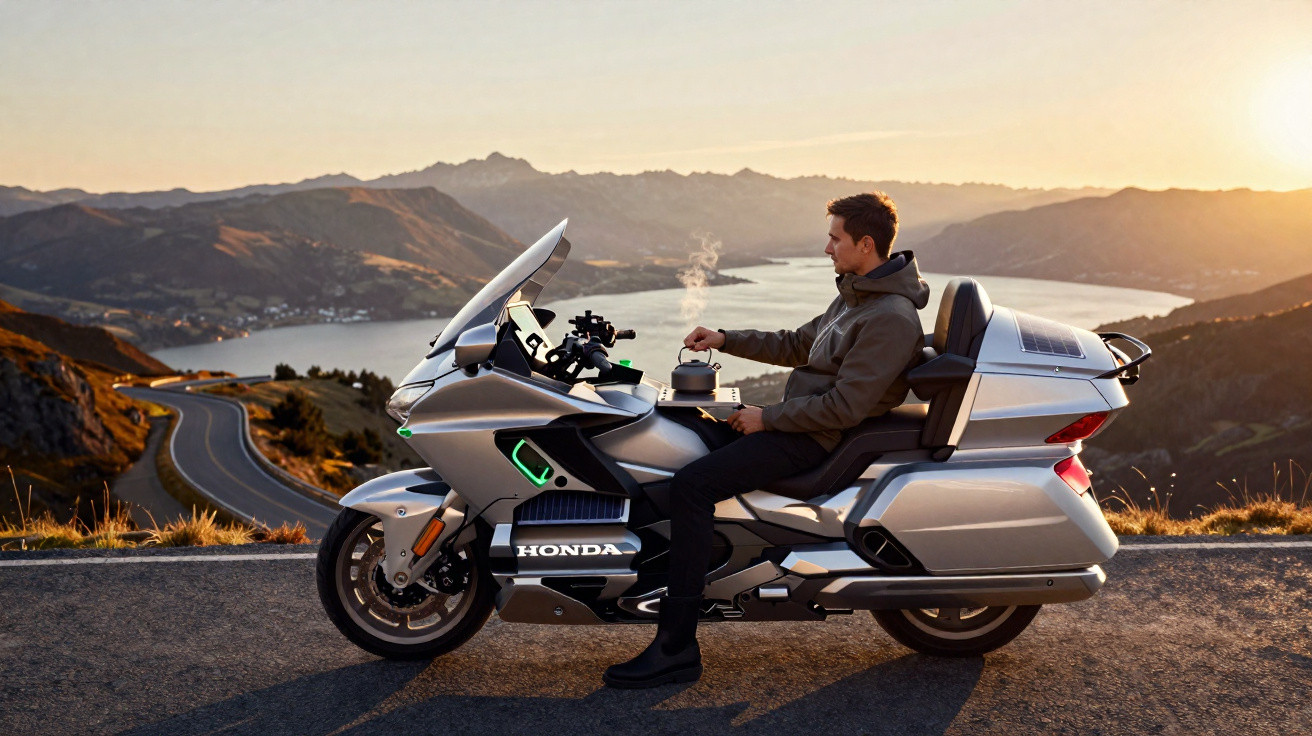 Mann sitzt auf silbernem Honda-Motorrad und giesst Kaffee mit Berglandschaft und See im Hintergrund.