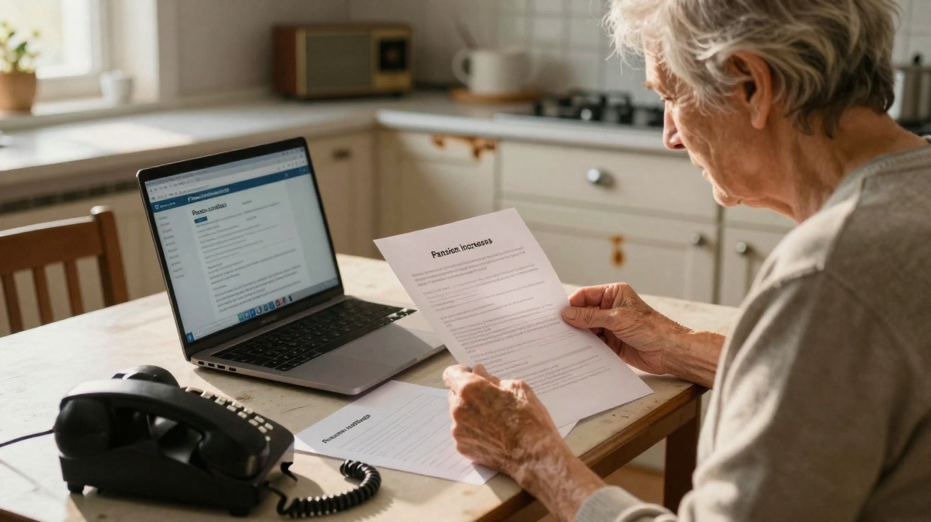 Ältere Person liest Pensions-Dokumente am Küchentisch mit Laptop und Telefon, natürliches Licht.