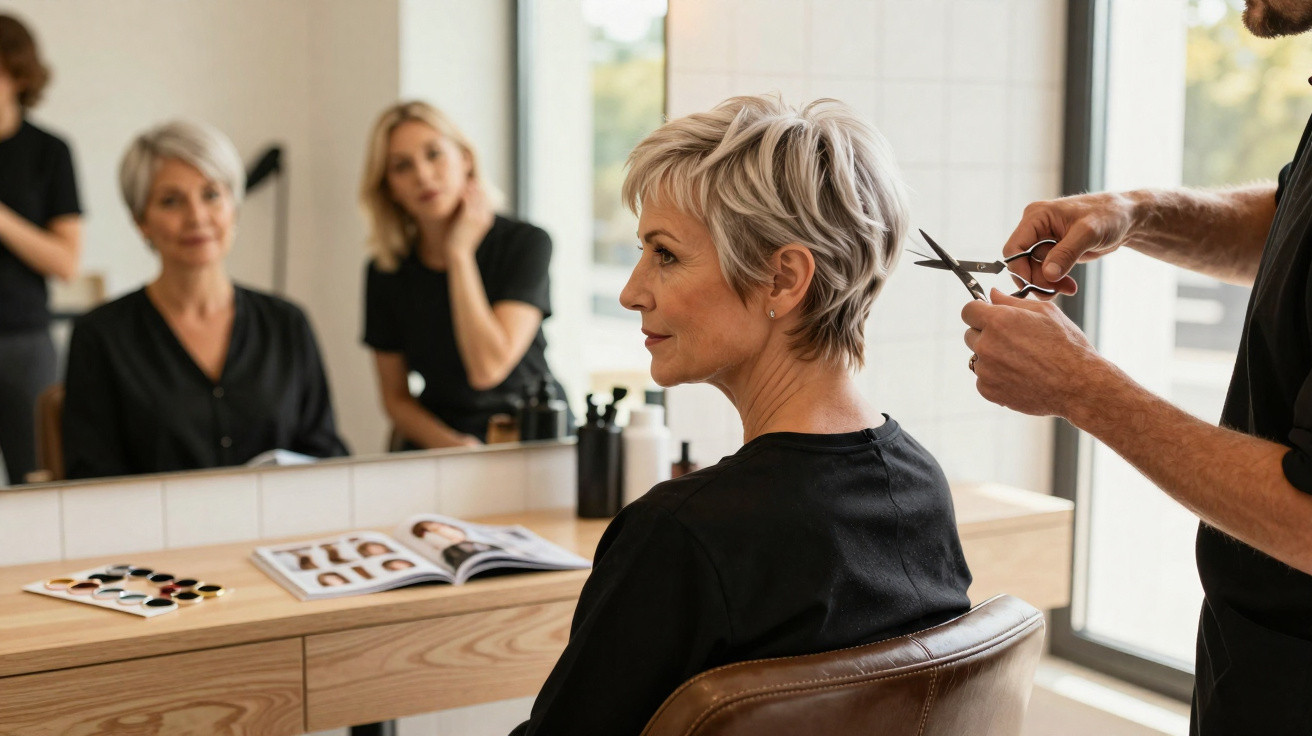 Frau mit kurzen, blonden Haaren sitzt beim Frisör, Haare werden mit Schere geschnitten, Spiegelbild sichtbar.