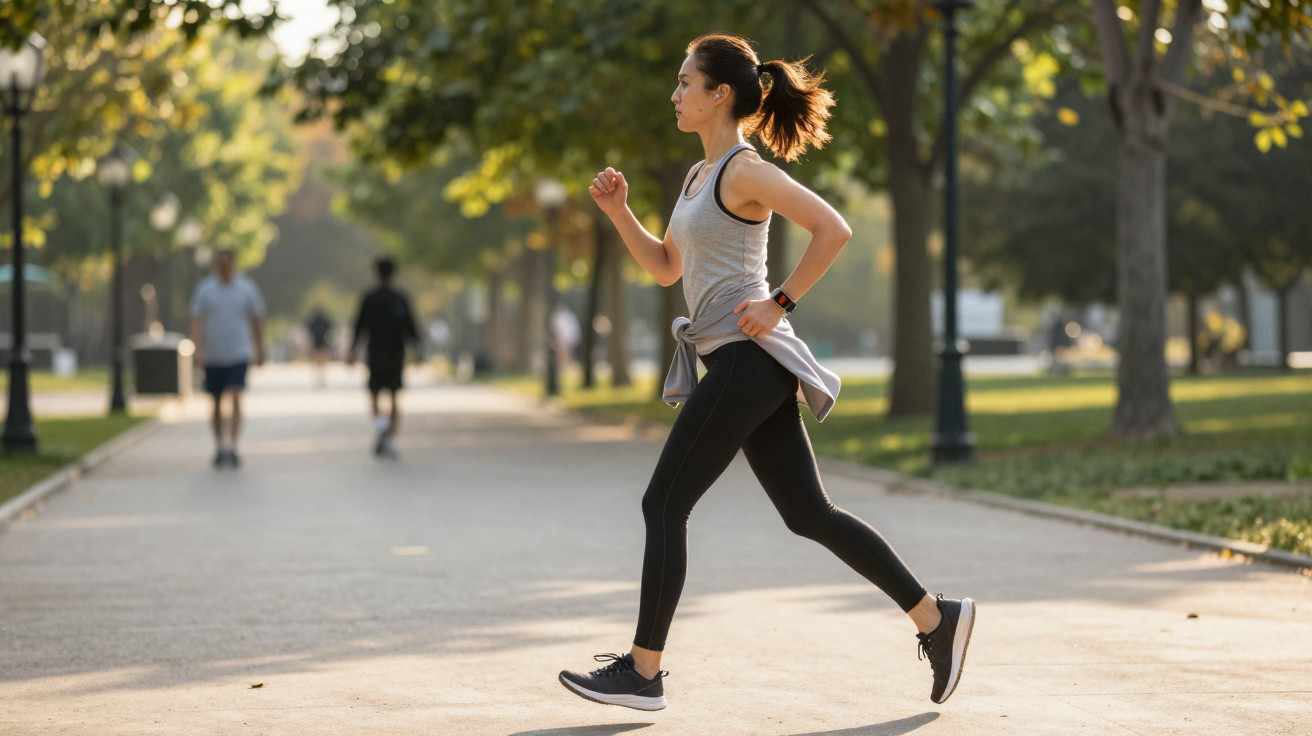 Frau joggt in Sportkleidung auf einem sonnigen Parkweg mit Bäumen und Spaziergängern im Hintergrund.
