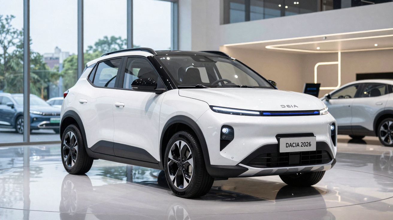 Weisser Dacia 2026 kompakter SUV mit schwarzem Dach im modernen Autohaus.
