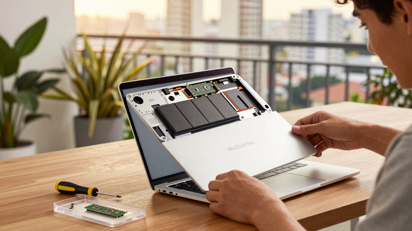 Person öffnet Rückseite eines MacBook Pro zur Reparatur, Schraubenzieher und RAM-Modul neben dem Laptop auf Holztisch.