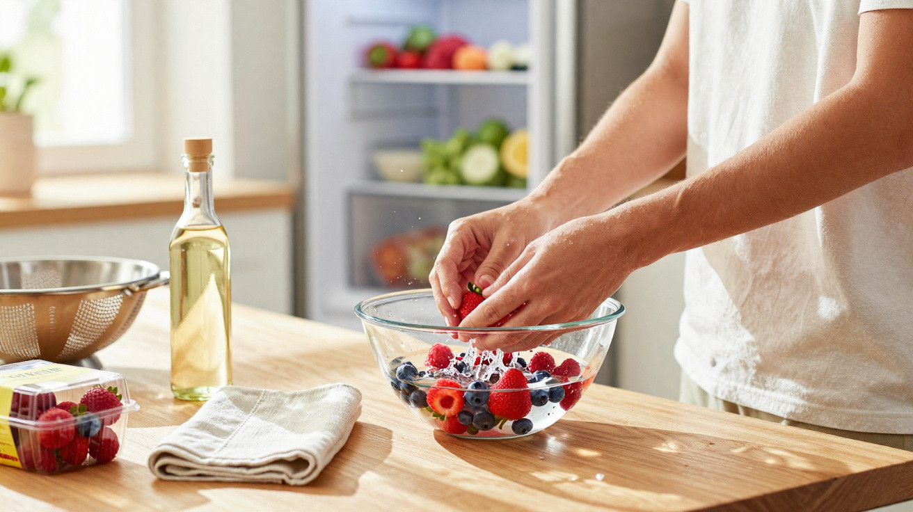 Person wäscht Beeren in Glas-Schüssel in einer hellen Küche mit offenem Kühlschrank.