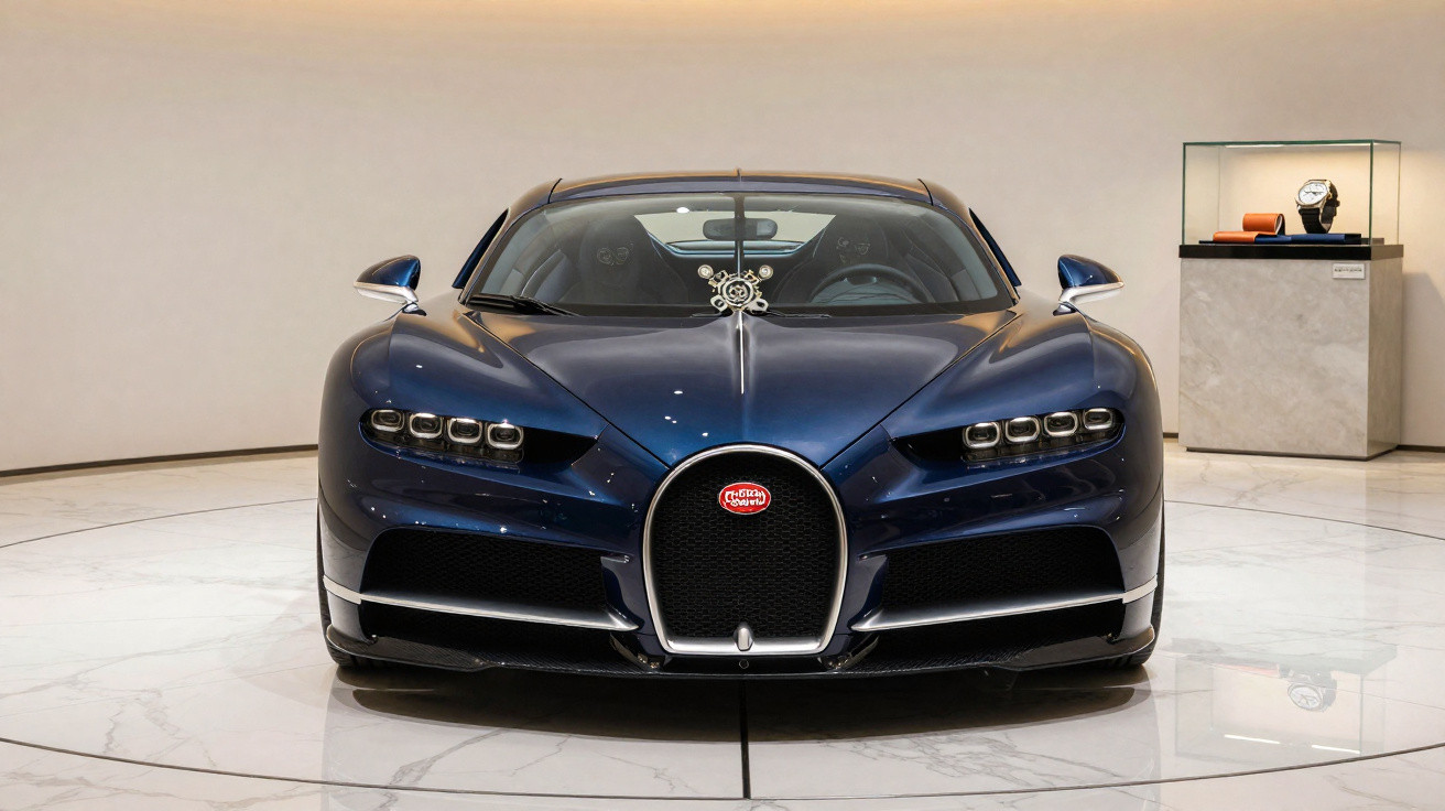 Blauer Bugatti Chiron Supersport sportwagen frontal in modernem Ausstellungsraum mit Vitrine im Hintergrund.