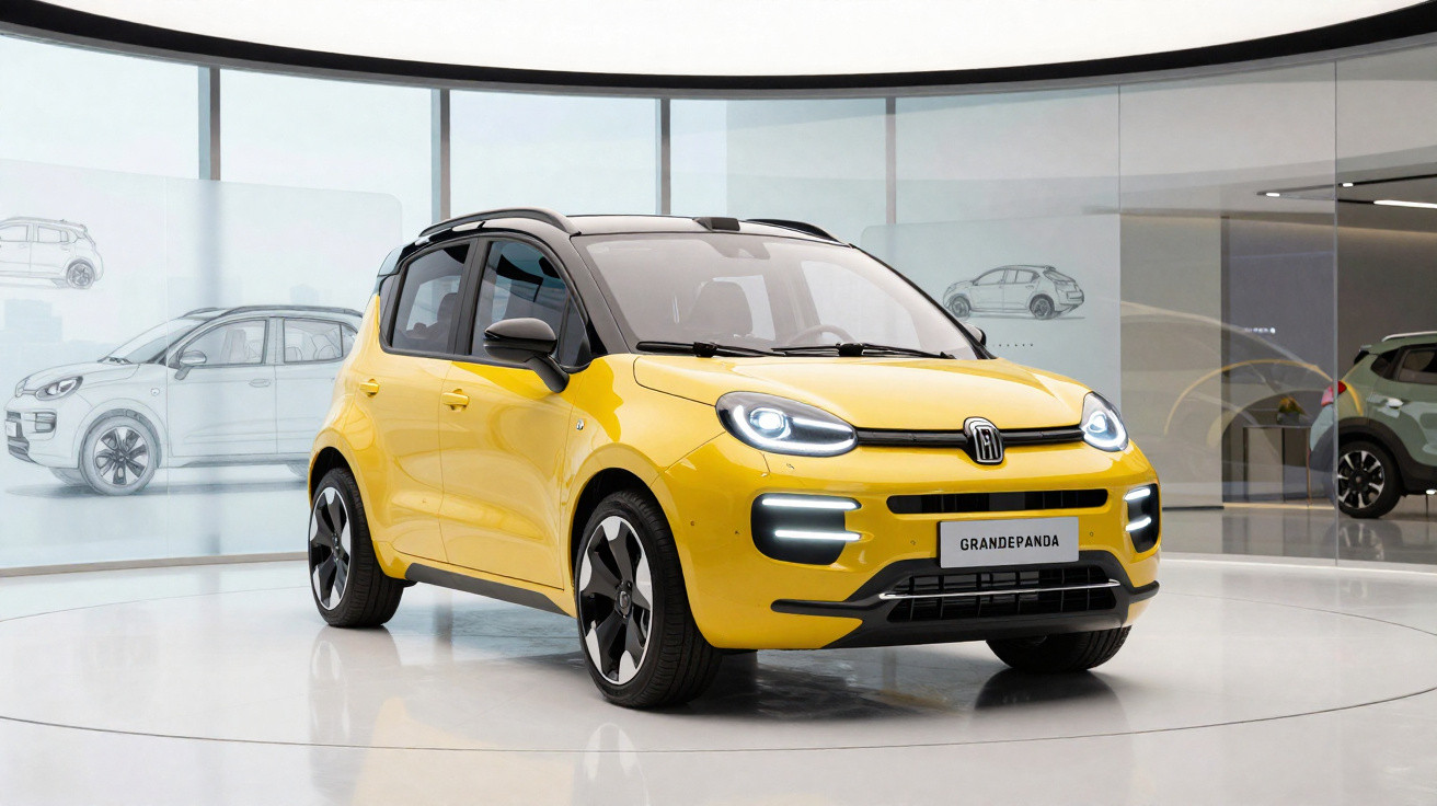 Gelber Fiat Grande Panda Kleinwagen in modernen Ausstellung mit Zeichnungen im Hintergrund