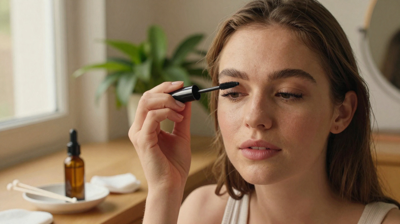 Frau trägt Mascara auf ihre Wimpern im hellen Raum, mit Pflanzen und kosmetischen Produkten im Hintergrund.