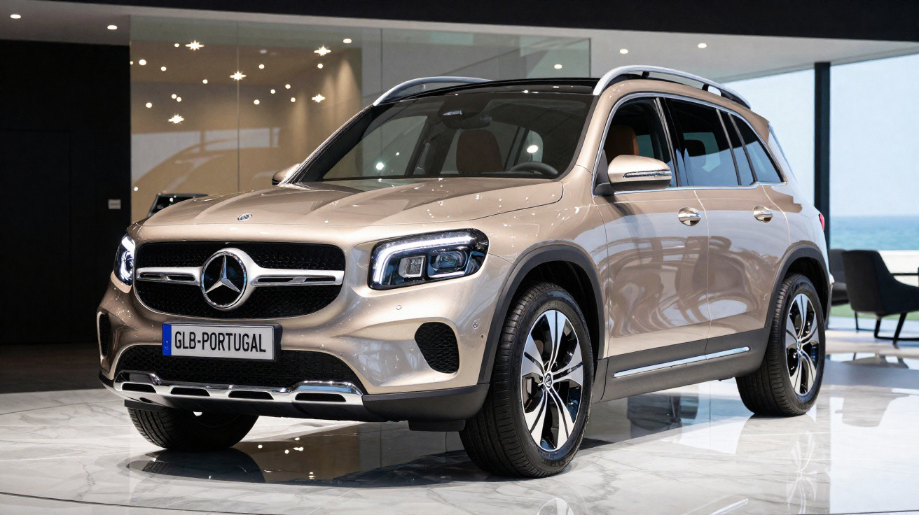 Beige Mercedes-Benz GLB im Showroom mit modernen Design- und Lichtdetails, polierter Marmorboden.