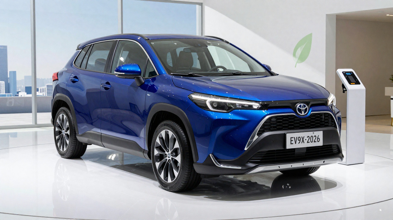 Blauer Toyota Elektro-SUV in Ausstellungshalle mit Ladestation und Stadtblick im Hintergrund.