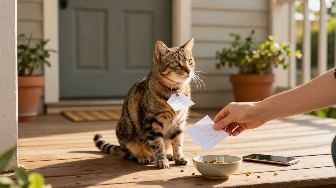 Getigerte Katze mit Zettel am Hals wird draussen vor Haus gefüttert, neben Futternapf und Smartphone auf Holzboden.