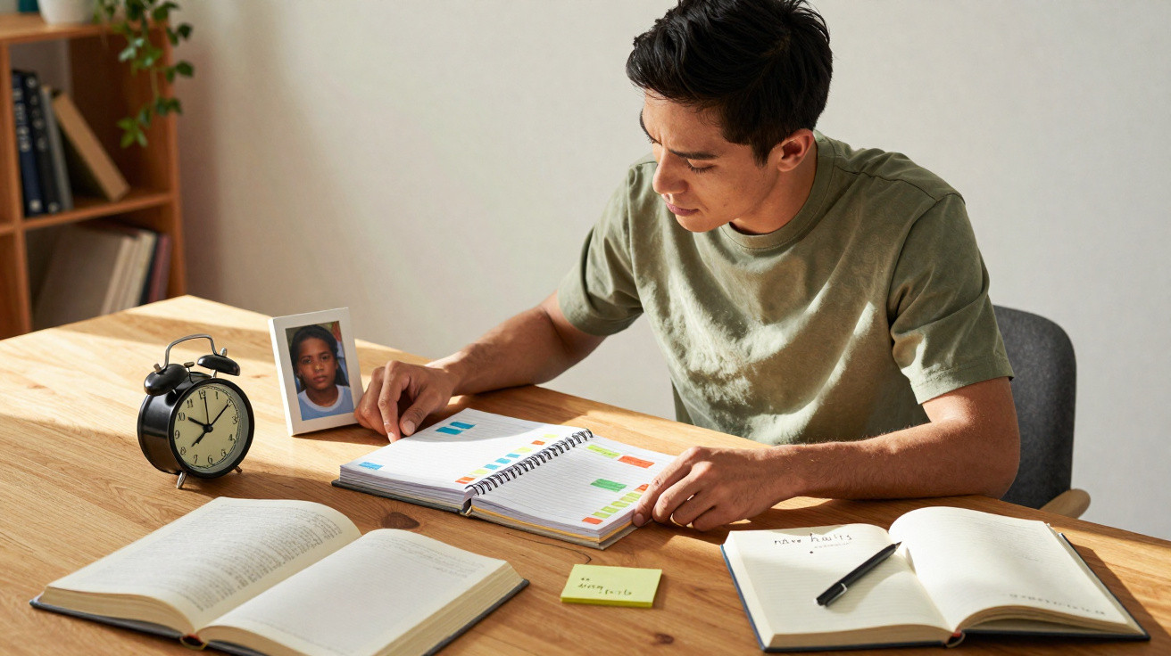 Junger Mann plant seinen Tag mit Notizen und Kalender, Laptop und Wecker auf Holztisch neben Familienfoto.