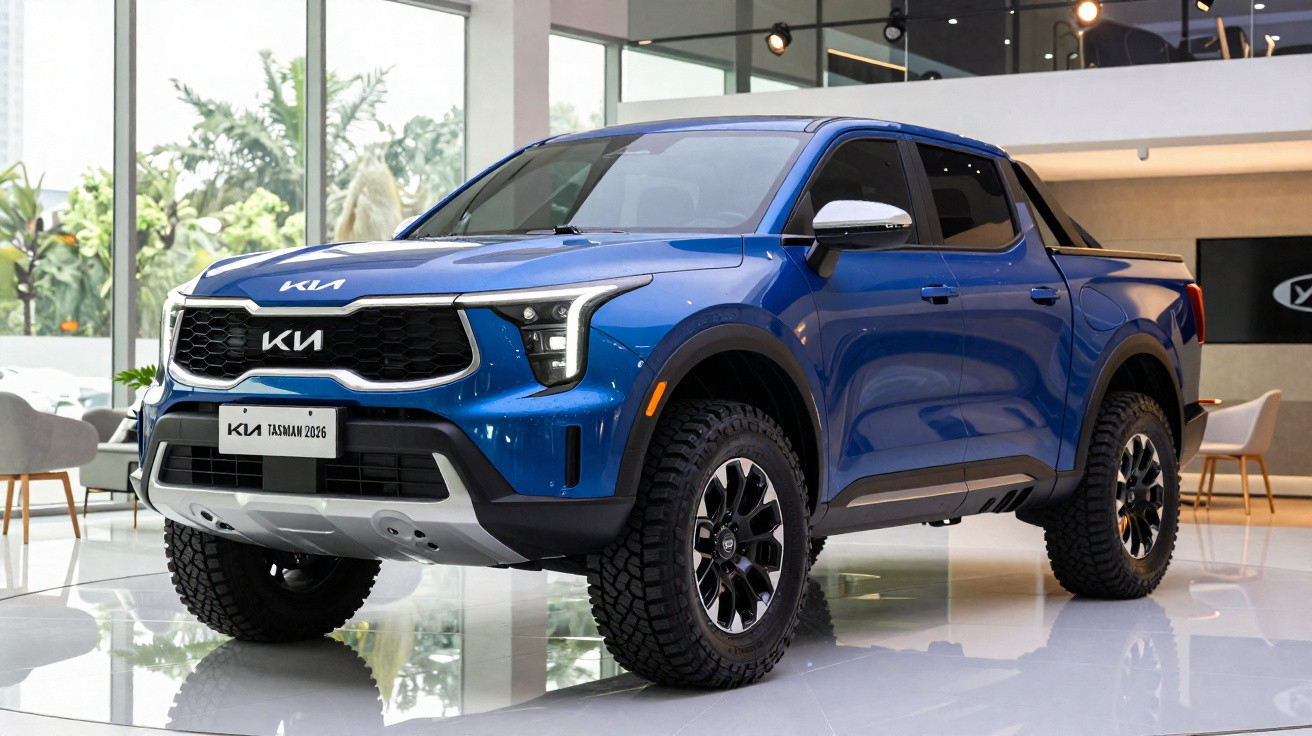 Blauer Kia Tasman 2026 Pickup mit grossen Reifen in modernem Autohaus, seitliche Frontansicht.
