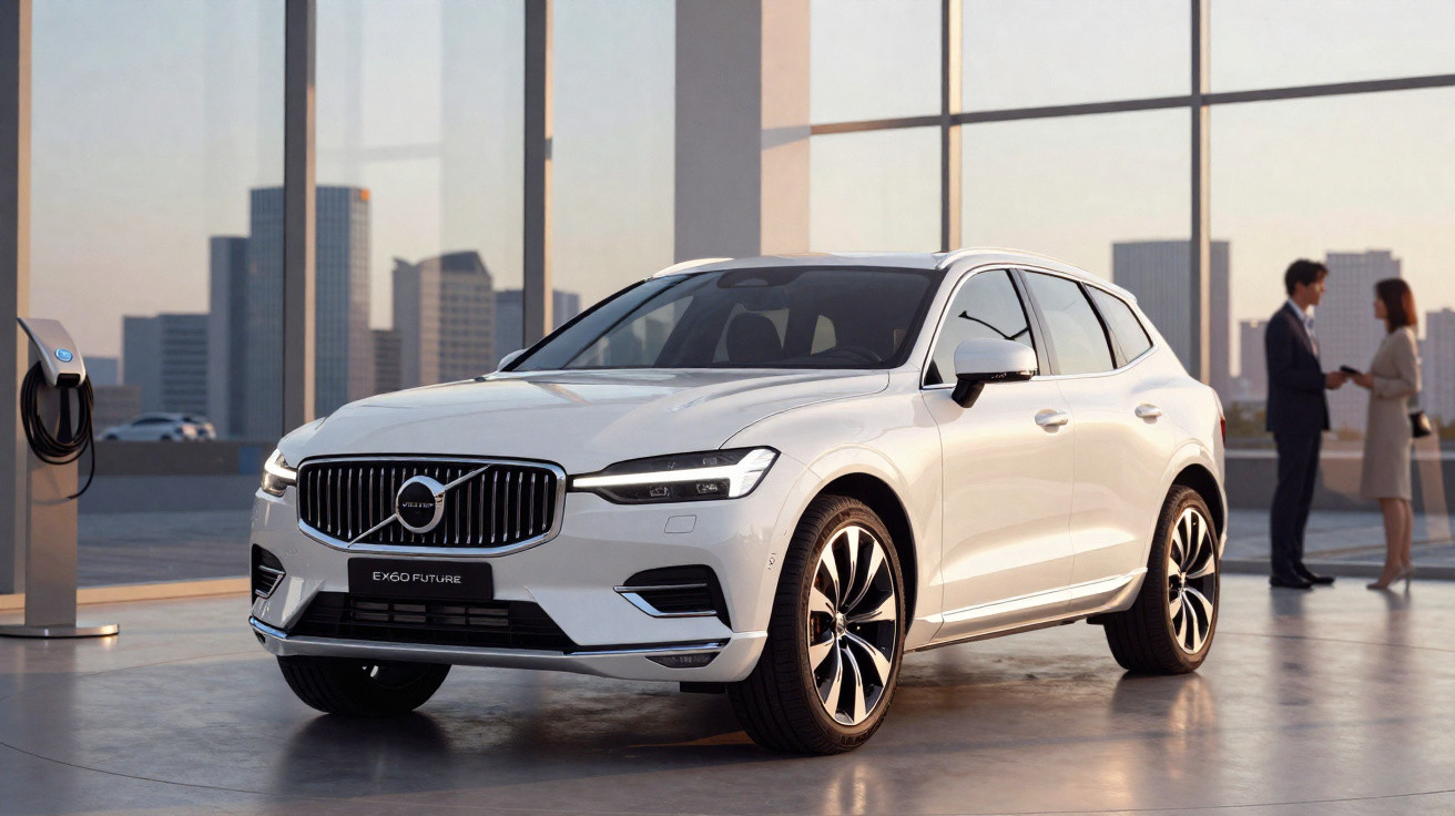 Weisser Volvo EX60 SUV steht in modernem Showroom neben Ladestation, zwei Personen im Hintergrund im Gespräch.