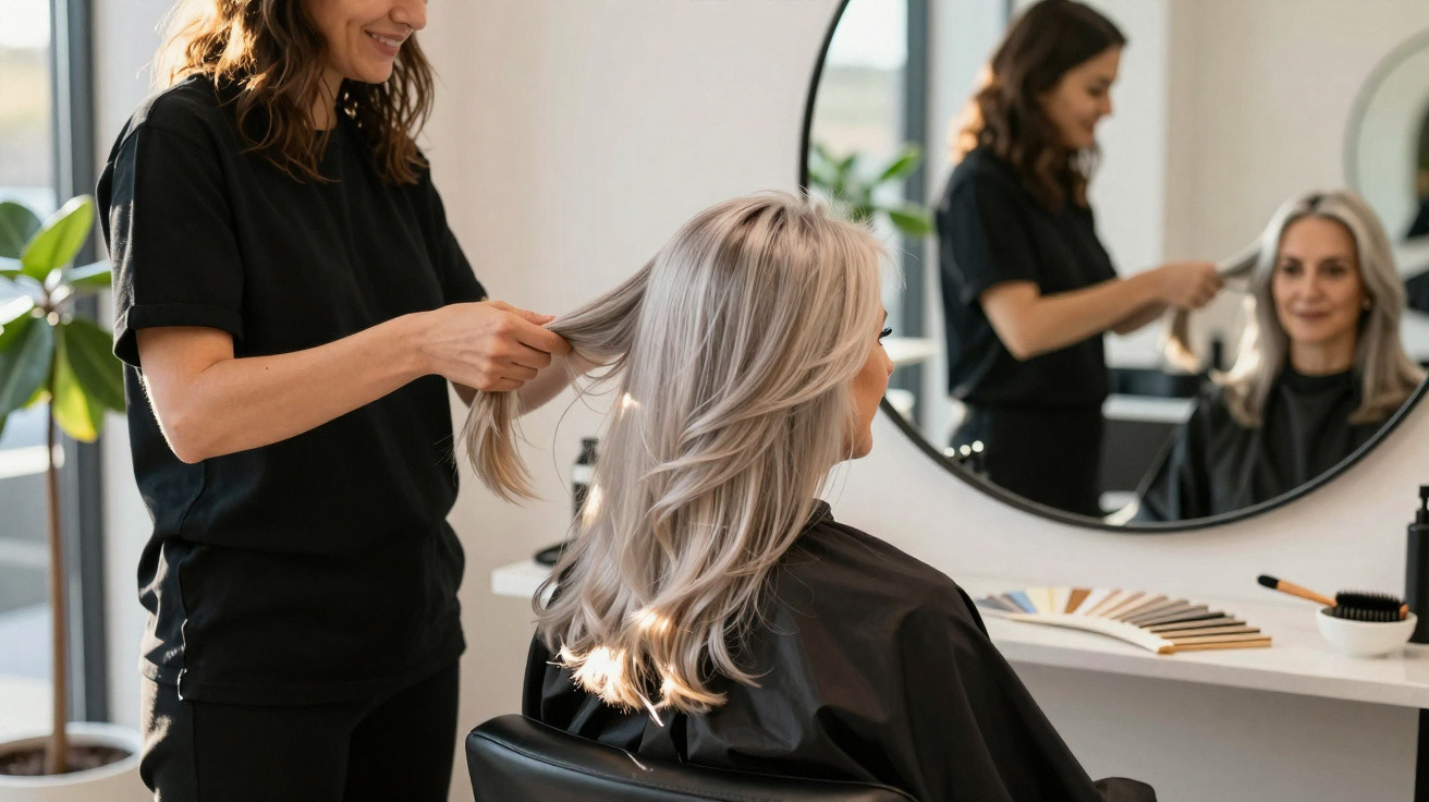 Frau mit blonden Haaren sitzt im Friseursalon, Friseurin kämmt ihr Haar vor grossem Spiegel.