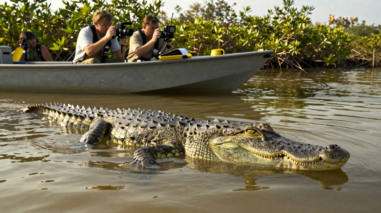 Krokodil schwimmt im Wasser nahe einem Boot mit drei Fotografen, die das Tier beobachten und fotografieren.