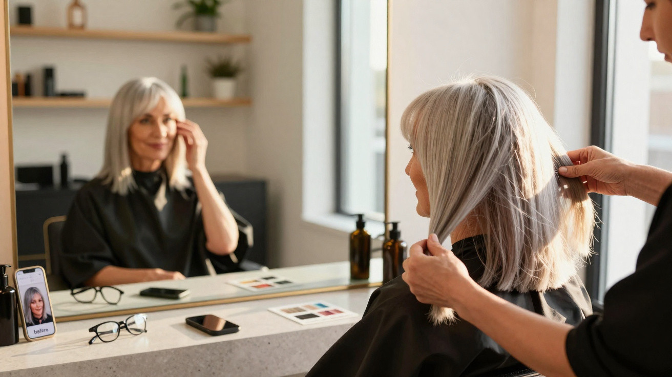 Ältere Frau mit silbernem Haar lässt sich im Frisörsalon die Haare stylen, Spiegelbild sichtbar.