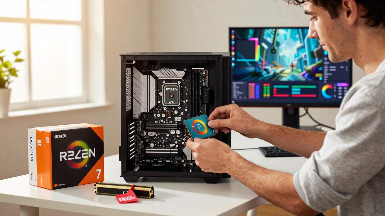 Person installiert Ryzen 7 Prozessor in PC-Gehäuse, Monitor mit technischer Software im Hintergrund sichtbar.