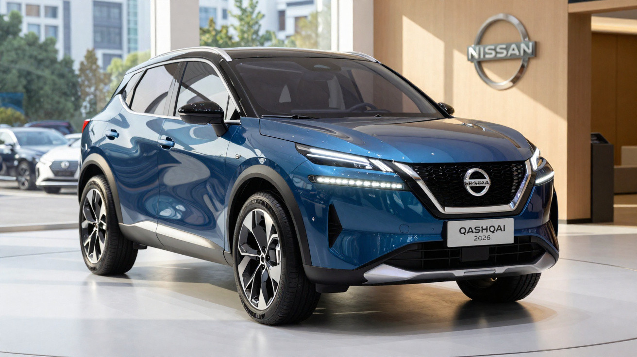 Blauer Nissan Qashqai 2026 SUV in Ausstellungsraum mit Nissan-Logo an Wand im Hintergrund.