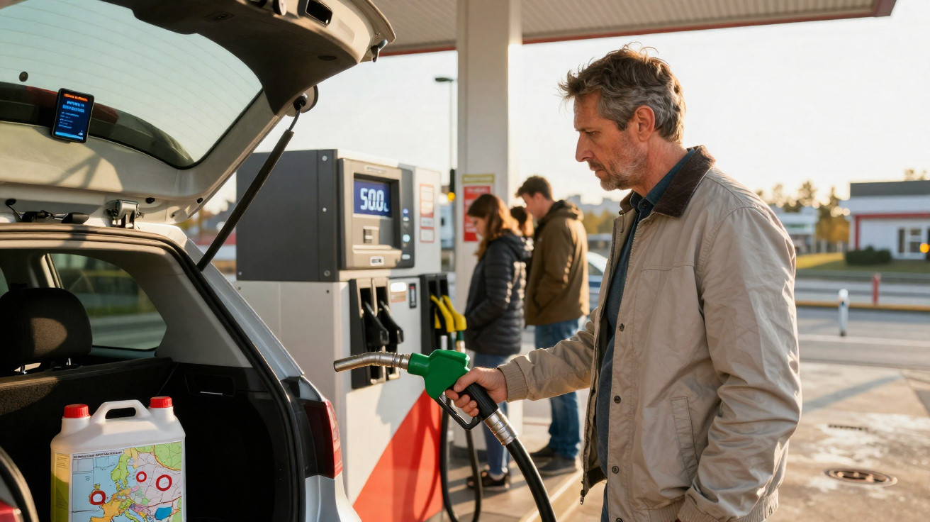 Mann tankt Auto an Tankstelle, zwei Personen warten im Hintergrund, Kanister mit Karte im offenen Kofferraum.