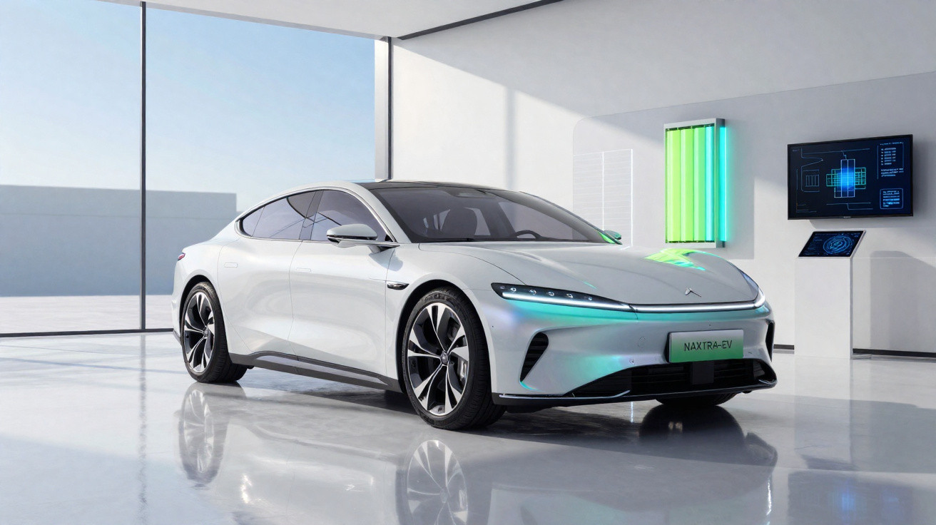 Weisser Naxtra-Elektrosportwagen in modernem, hellem Ausstellungsraum mit reflektierendem Boden.