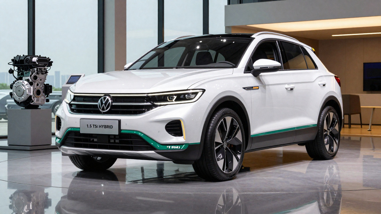 Weisser Volkswagen SUV mit 1.5 TSI Hybrid Motor, präsentiert in modernem Showroom.