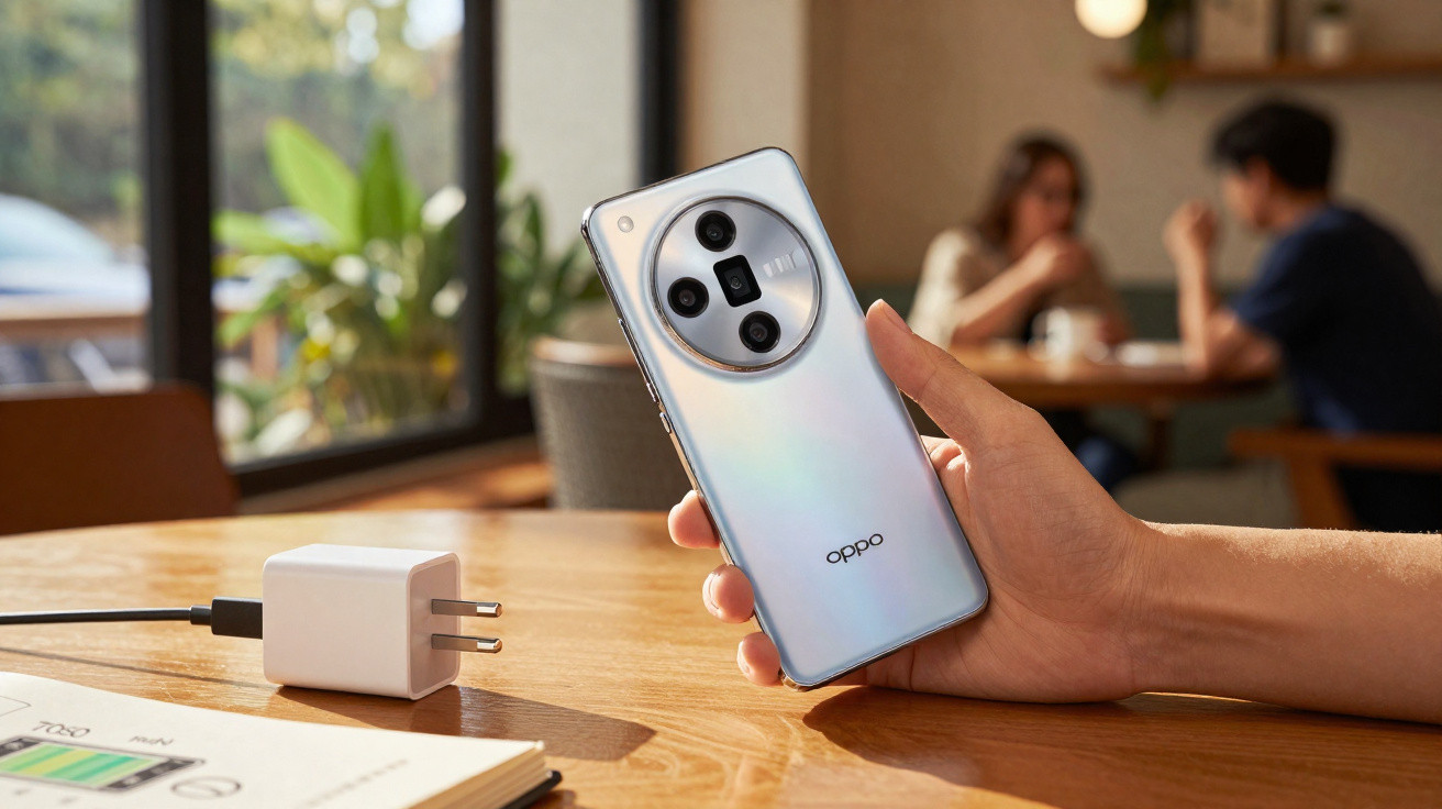 Hand hält ein silbernes Oppo-Smartphone mit vier Kameras, Ladestecker und Tablet auf Holztisch im Café.