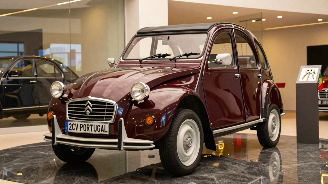 Dunkelroter Citroën 2CV mit Portugals Nummernschild in einem modernen Museum auf glänzendem Boden.