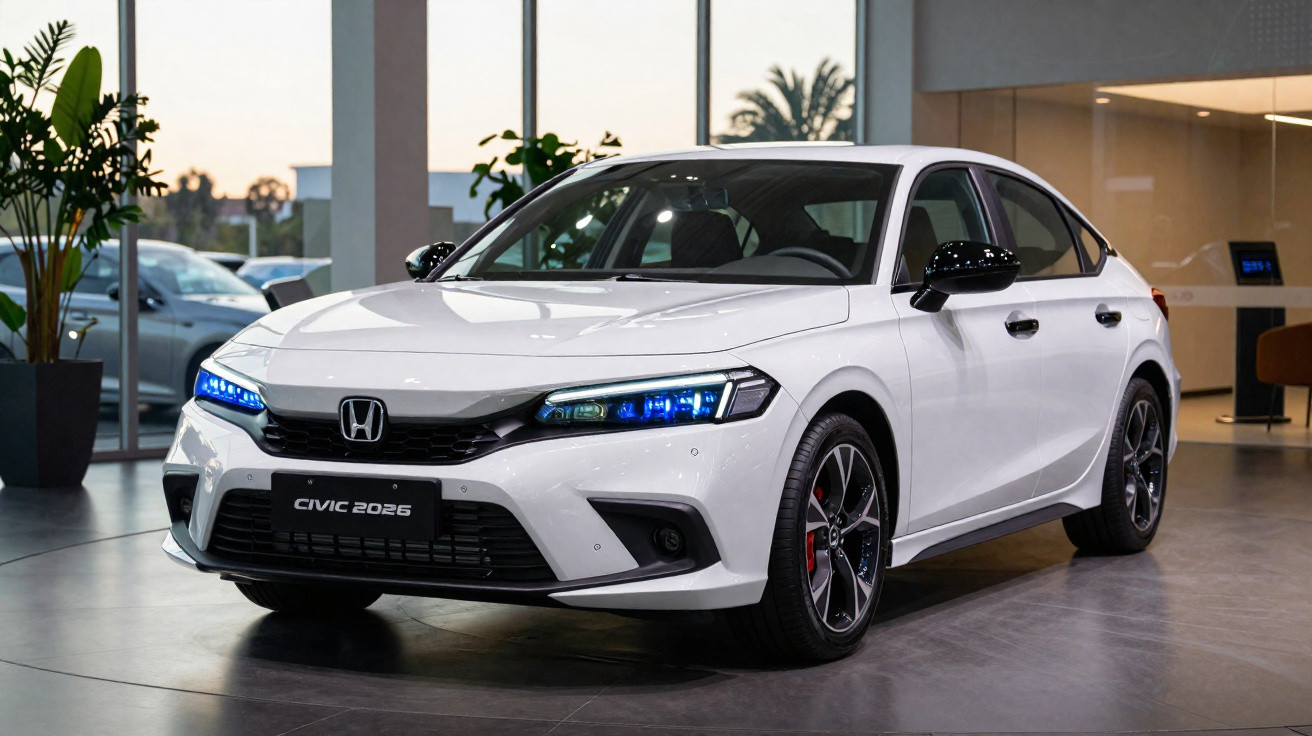 Weisser Honda Civic 2026 mit blauen LED-Scheinwerfern im modernen Autohaus bei Sonnenuntergang.