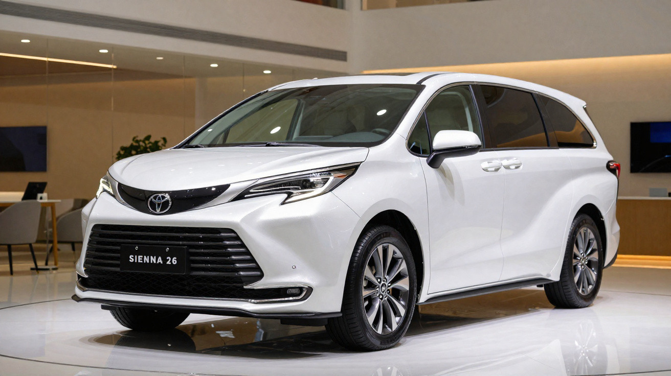 Weisser Toyota Sienna 26 Minivan modern in heller Ausstellungshalle mit Glas und Holzrahmen