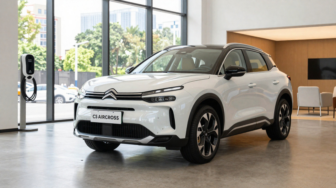 Weisser Citroën C5 Aircross SUV in modernem Showroom neben Ladestation, grosse Fenster im Hintergrund.