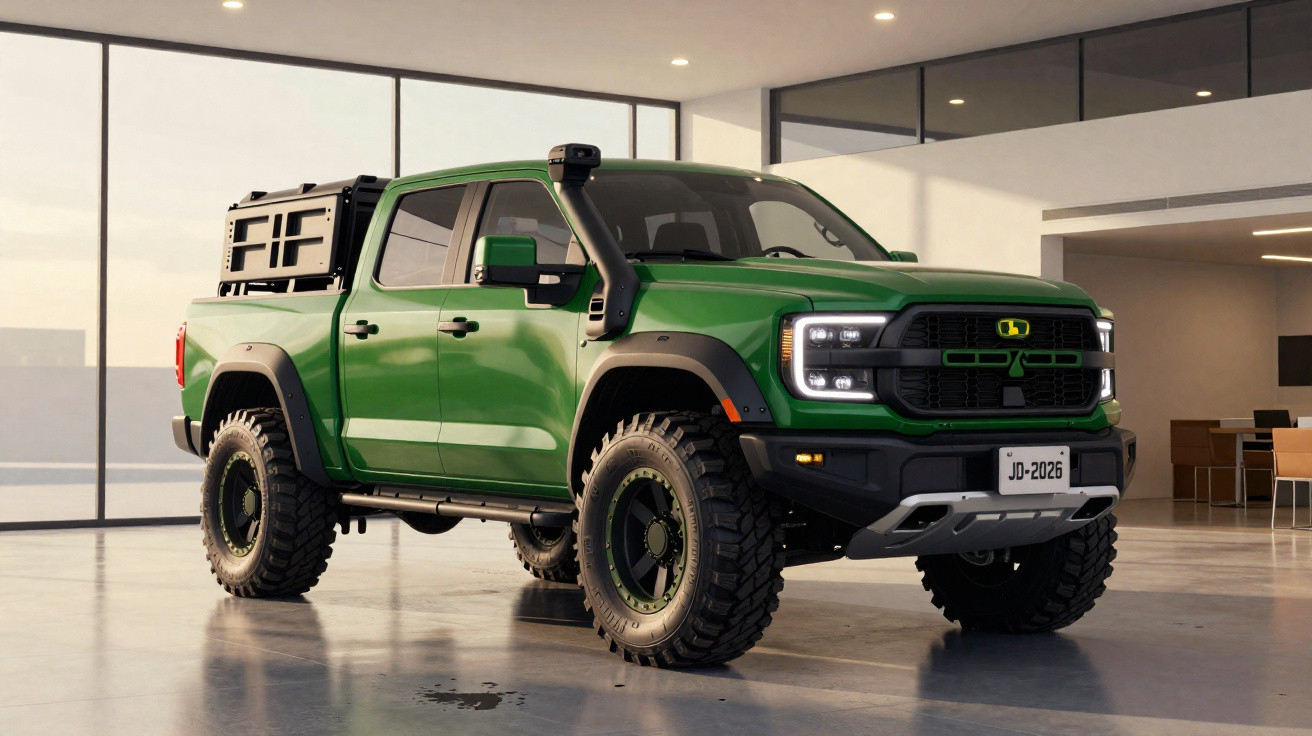 Grüner, moderner Pickup mit grossen Offroad-Reifen steht in einer hellen, minimalistischen Garage.