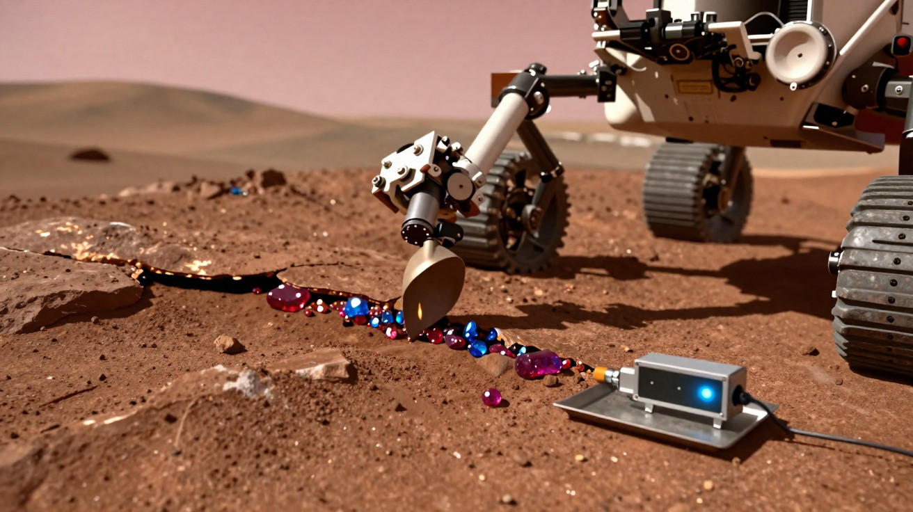 Mars-Roboter untersucht bunten Mineralstreifen auf rotem Wüstenboden unter rosa Himmel.