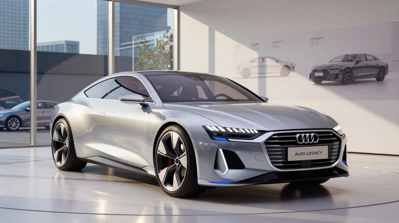 Silberner Audi Legacy Sportwagen in modernem Showroom mit grossen Fenstern und Stadthintergrund.