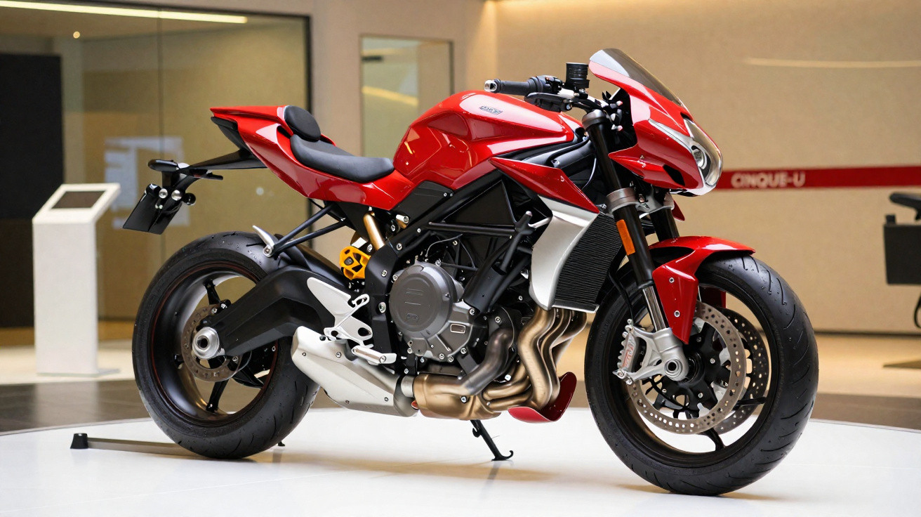 Rotes Sportmotorrad steht in einem modernen Ausstellungsraum auf weissem Podest.