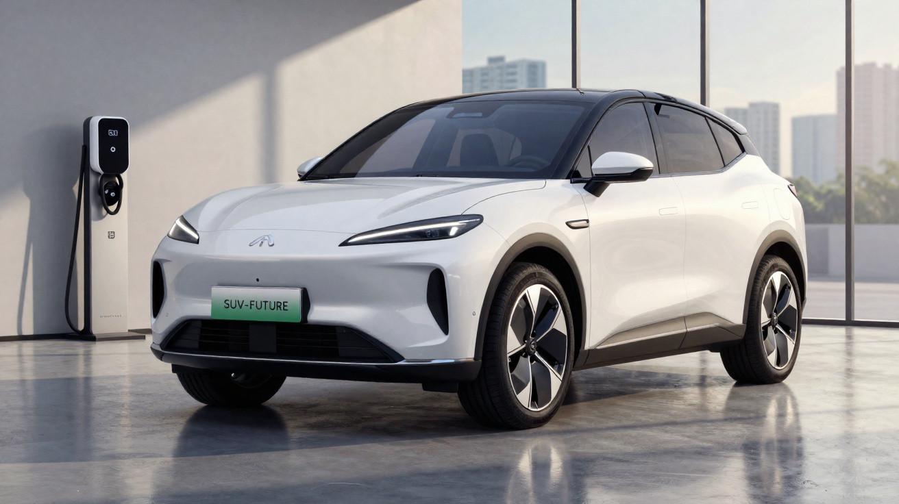 Weisser elektrischer SUV lädt an Ladestation in modernem, hellem Raum mit Glasfront und Stadtblick.